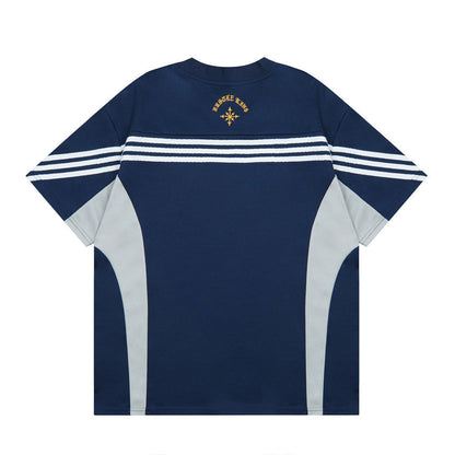 Color Block Splicing V-Neck Sports Short Sleeve T-Shirt Men's Letter Embroidery Breathable Quick-Dry Loose Casual Top