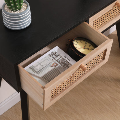 Side table with two real rattan drawers, solid wood table legs,can be used in the dining room, living room,bedroom