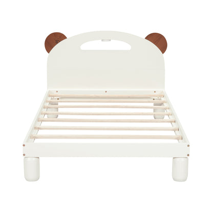 Twin Size Platform Bed with Bear Ears Shaped Headboard and LED Cream White