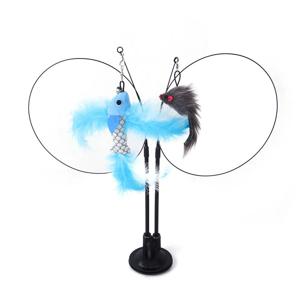 Suction cup cat toy stick that can be attached and held with steel wire multi head interchangeable cat toy and pet supplies