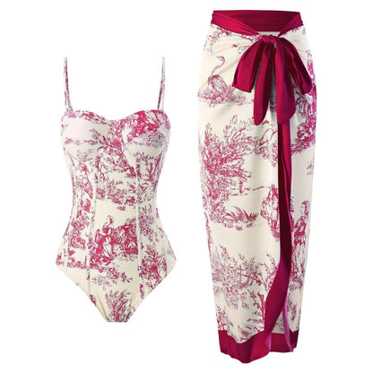 New one-piece swimsuit women's tight fitting slimming retro strap sunscreen long skirt two-piece set