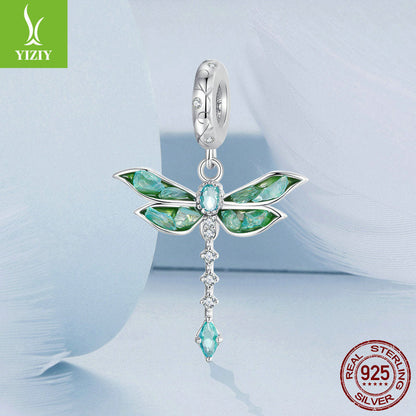 Silver Charm Original Retro Green Dragonfly DIY Pendant Accessories Charm Lucky s925 Pure Silver Insect Beads