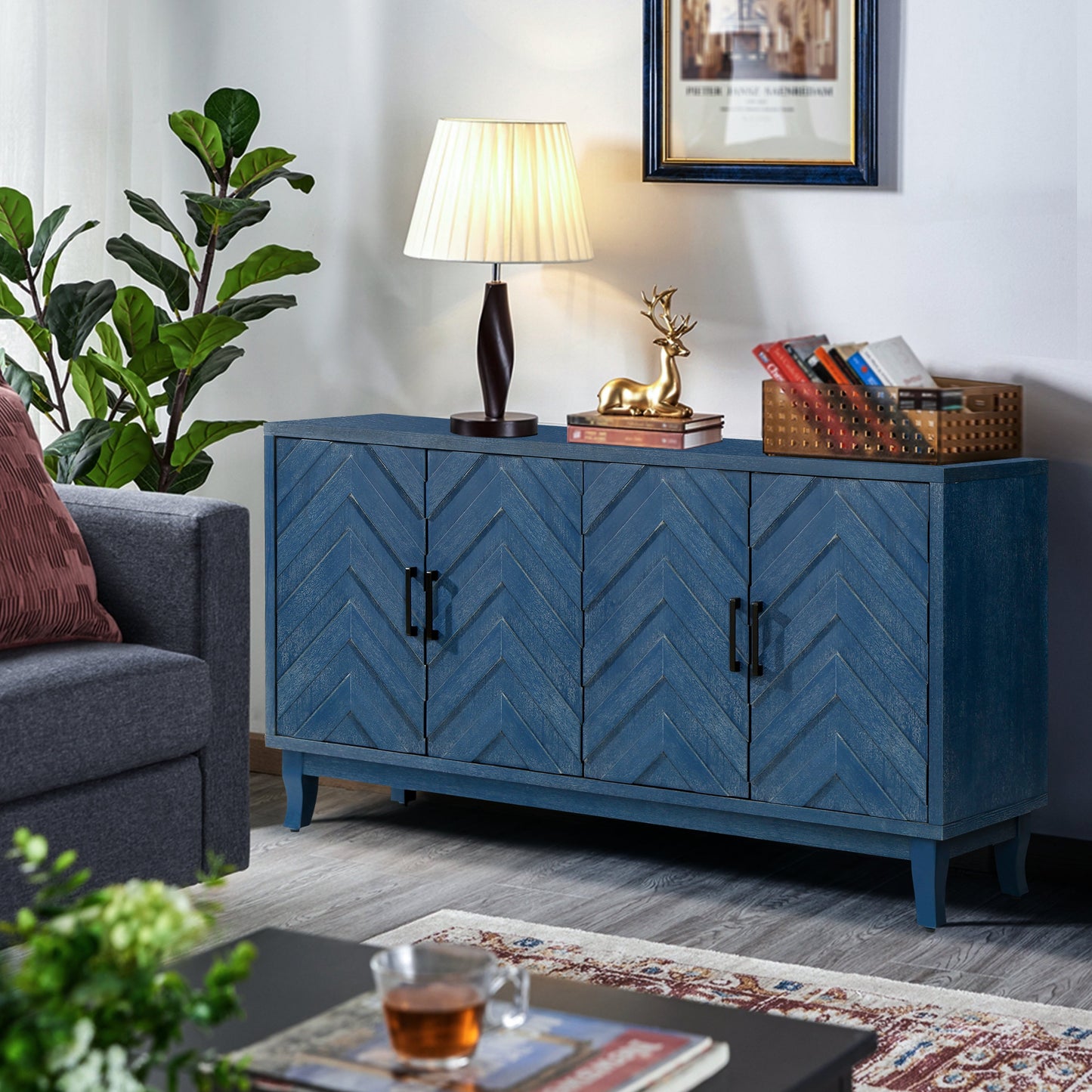 Stronger Vintage Style Buffet Cabinet Lacquered Accent Storage 4 Door Wooden
