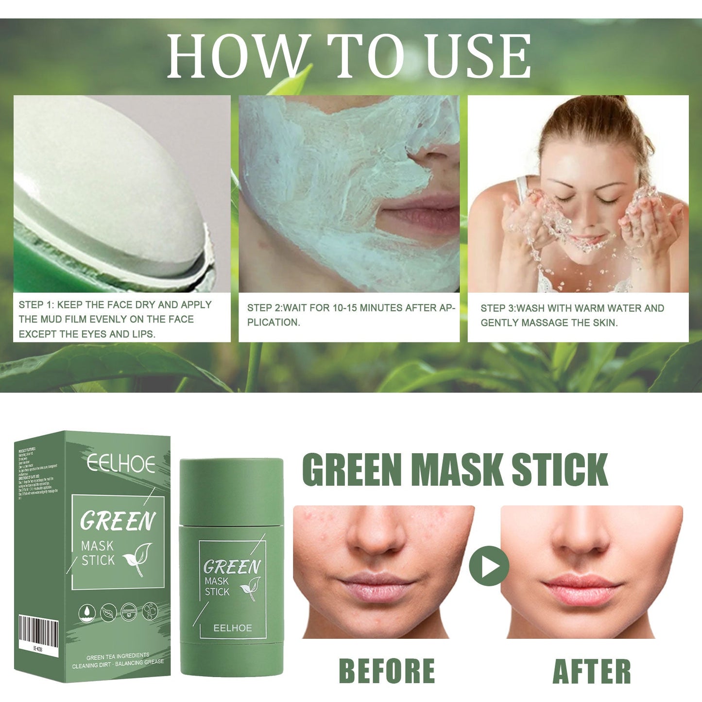 Green Tea Solid Mask, Deep Cleansing Hydrating Mask Stick Pore-Narrowing Paste Mask Stick