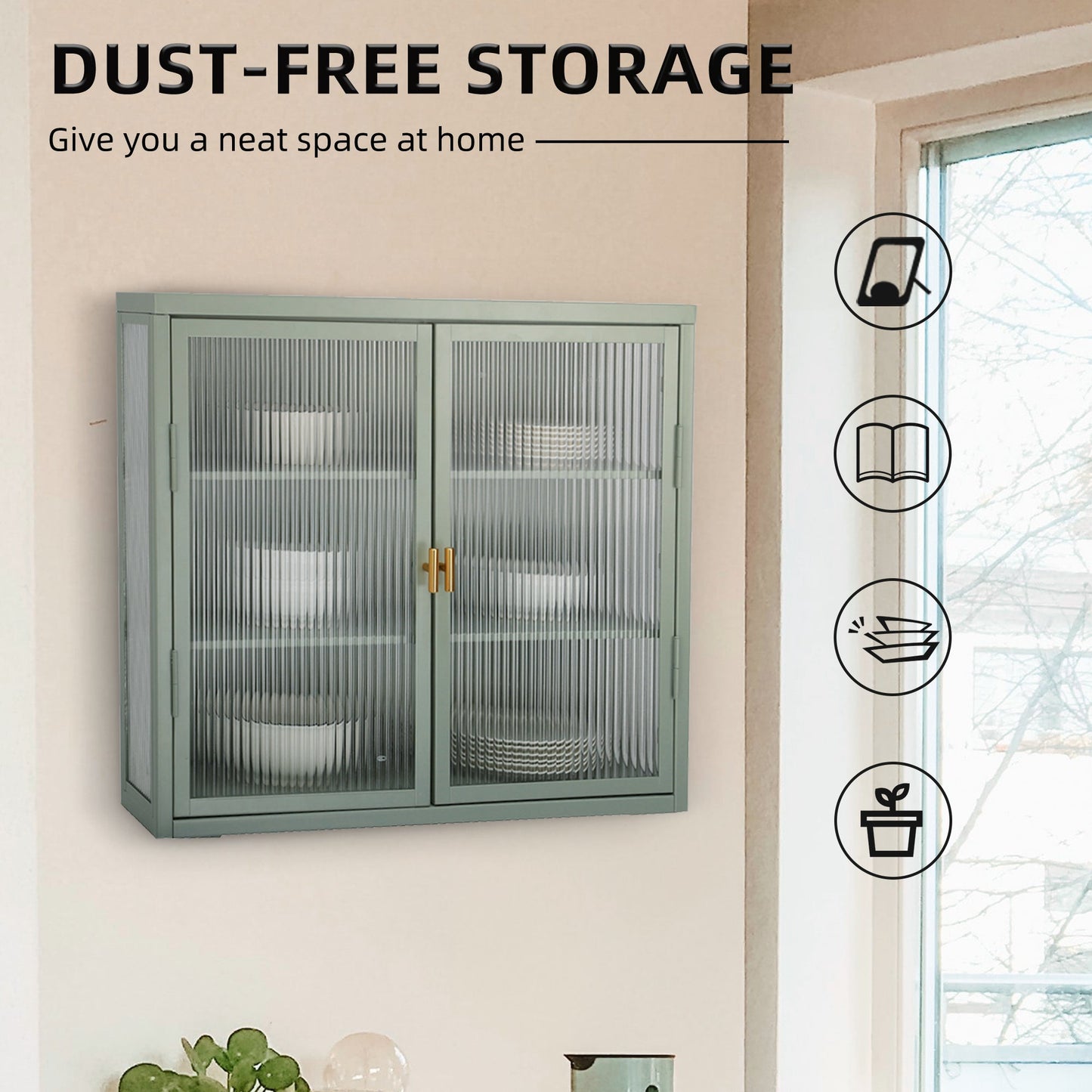 Retro Style Haze Double Glass Door Wall Cabinet With Detachable Shelves for Office Dining Room Living Room Kitchen
