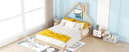 Full Size Wood Floor Bed with House-shaped Headboard  Natural