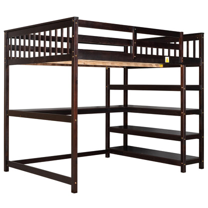 Full Size Loft Bed with Storage Shelves and Under-bed Desk  Espresso