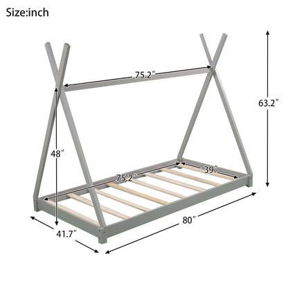 Twin Size House Platform Bed with Triangle Structure Gray
