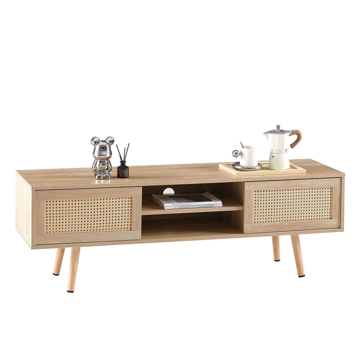 55.12" Rattan TV cabinet double sliding doors for storage adjustable shelf solid wood legs TV console for living room natural