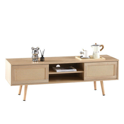 55.12" Rattan TV cabinet double sliding doors for storage adjustable shelf solid wood legs TV console for living room natural