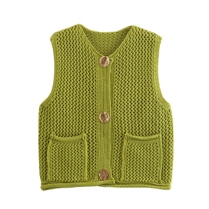 Street Fashion Crochet Hollow Vest Solid Color Versatile Round Neck Jacket