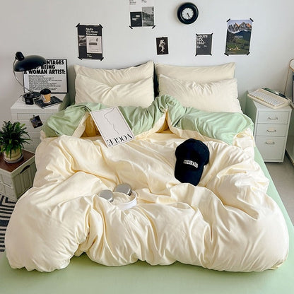 Washed Cotton Solid Color Double Spliced Four-Piece Bedding Set - Sheet, Quilt Cover, Pillowcases for Employee and Dormitory Use
