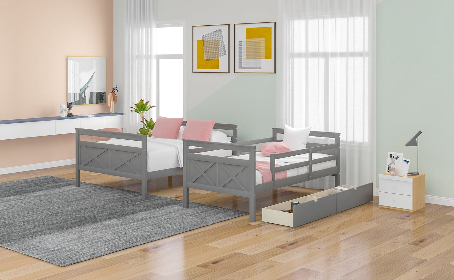 Twin over Full Bunk Bed with Ladder Two Storage Drawers  Safety Guardrail  Gray