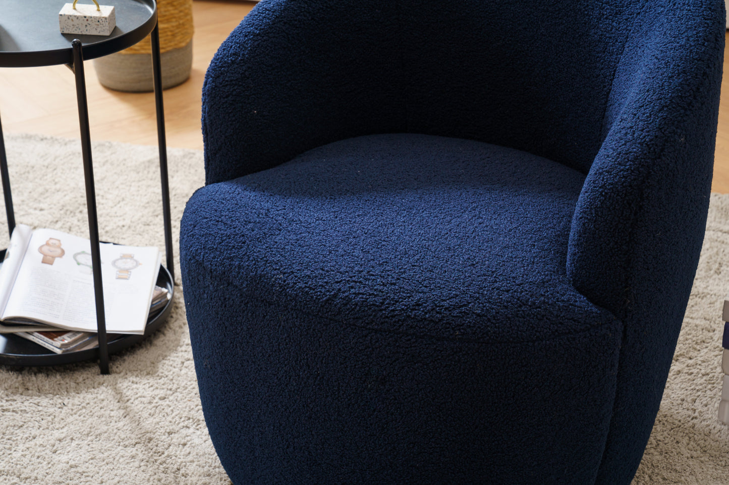 Teddy Fabric Swivel Accent Armchair Barrel Chair With Black Powder Coating Metal Ring Dark Blue