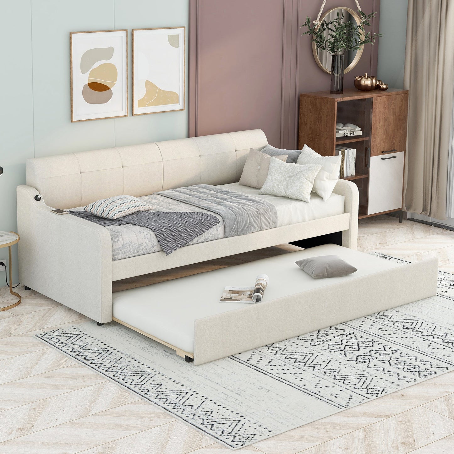 Twin Size Upholstery Daybed with Trundle and USB Charging Design Trundle can be flat or erected Beige