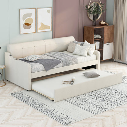 Twin Size Upholstery Daybed with Trundle and USB Charging Design Trundle can be flat or erected Beige