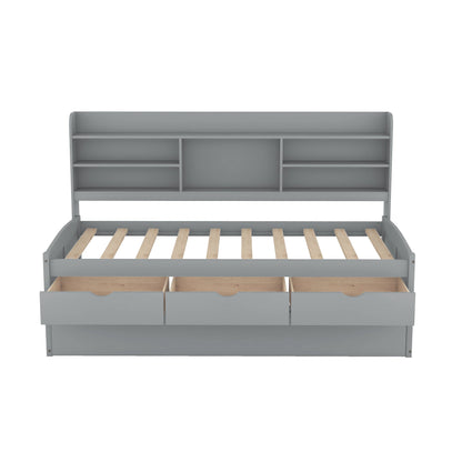 Twin Size Wooden Captain Bed with Built-in Bookshelves,Three Storage Drawers and Trundle Light Grey