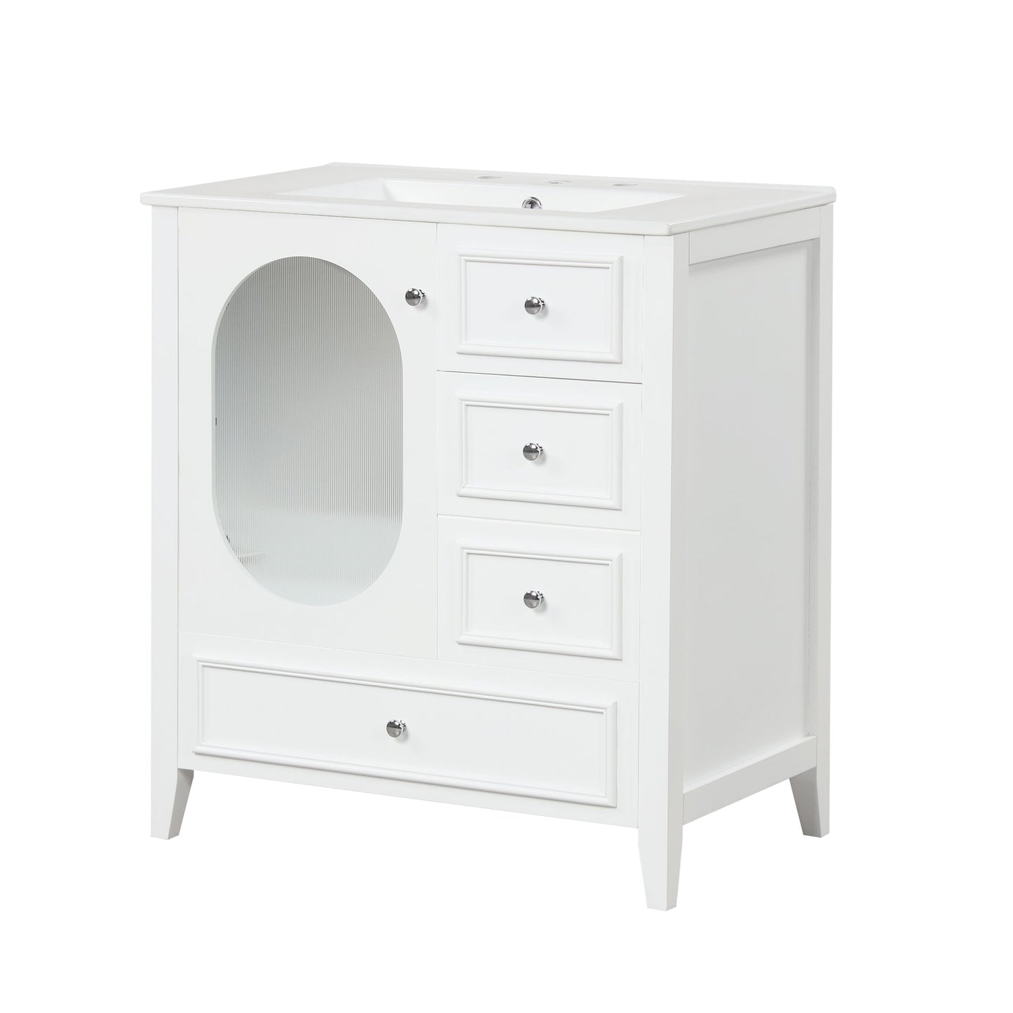 30" Bathroom Vanity with Sink, Bathroom Vanity Cabinet with Three Drawers and Door, Solid Wood and MDF, White