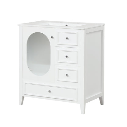 30" Bathroom Vanity with Sink, Bathroom Vanity Cabinet with Three Drawers and Door, Solid Wood and MDF, White