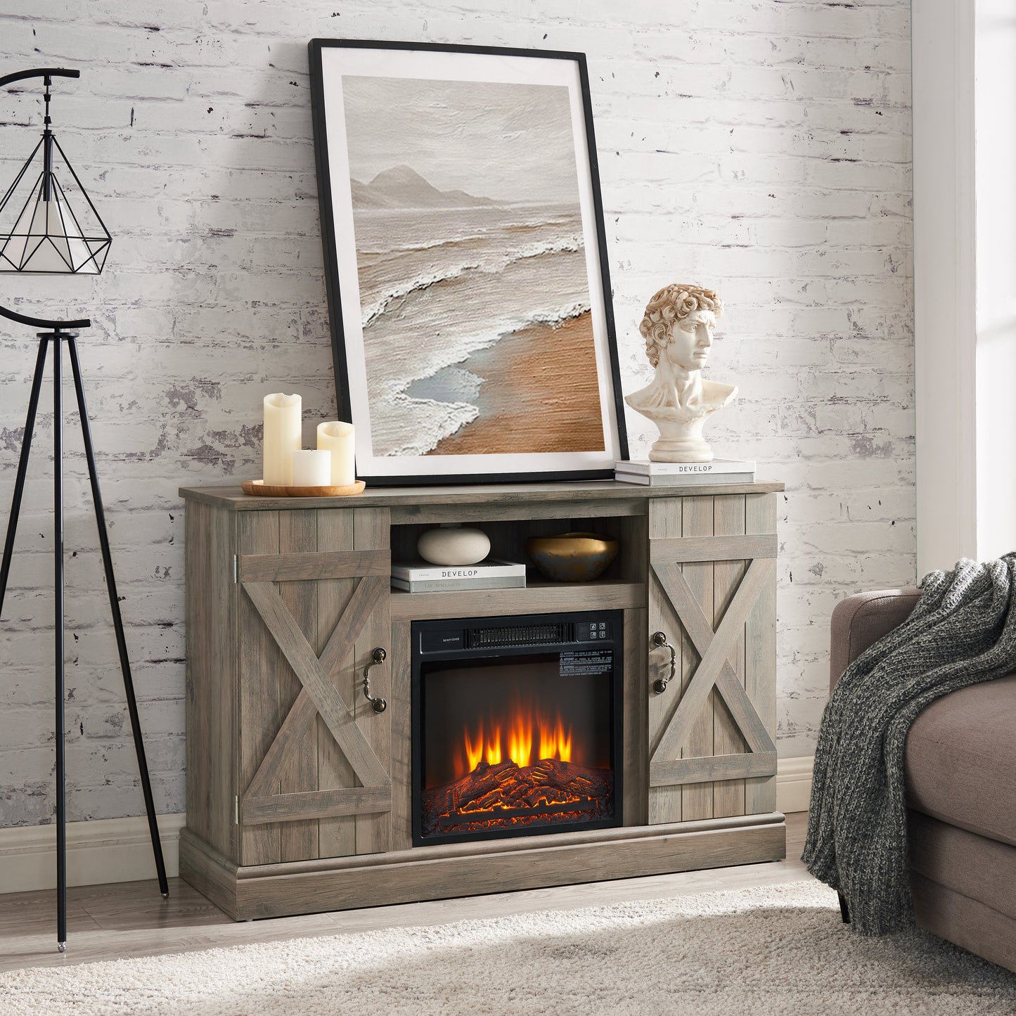 Farmhouse Classic Media TV Stand Antique Entertainment Console with 18" Electric Fireplace Insert for TV up to 50" with Open