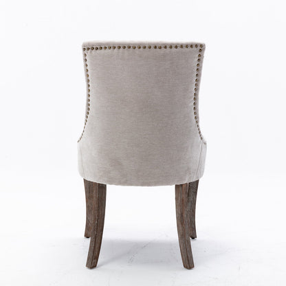 Ultra Side Dining Chair Thickened fabric chairs with neutrally toned solid wood legs  Bronze nail head Set of 2 Beige