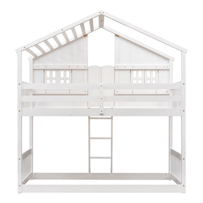 Twin over Twin House Bunk Bed with Roof , Window, Window Box, Door , with Safety Guardrails and Ladder,White