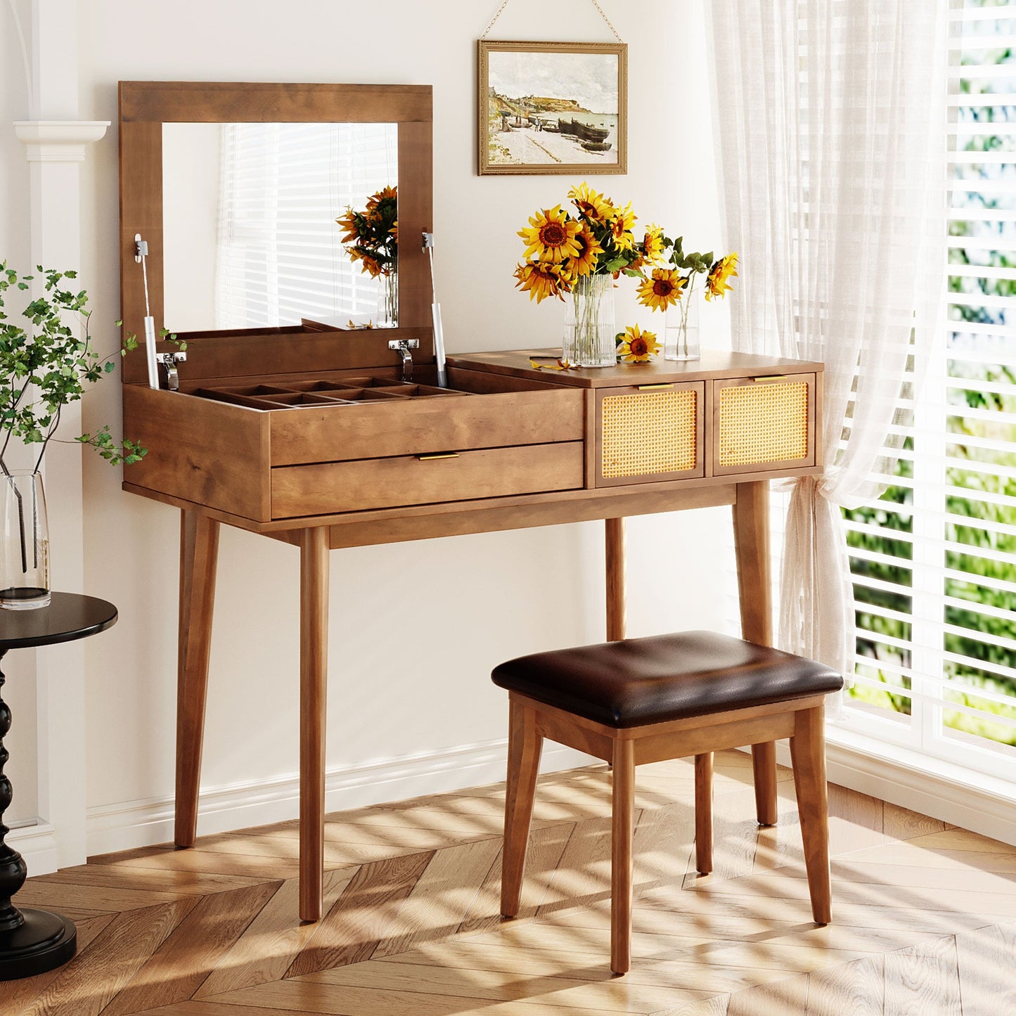43.3 "Wooden vanity set with flip mirror and stool, three drawers and storage space for dressing table, brown
