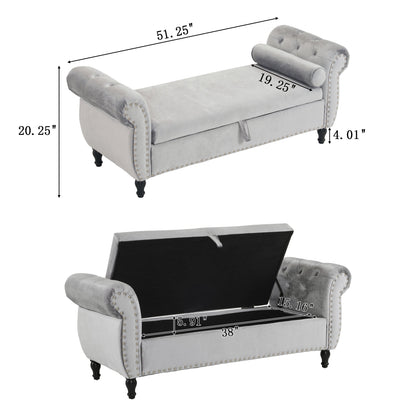 Velvet Multifunctional Storage Rectangular ottoman bench with 1 Pillow, grey