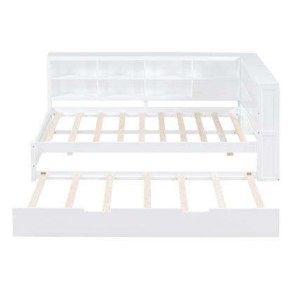 Wooden Twin Size DayBed with Twin Trundle, DayBed with Storage Shelf and USB Charging Ports,White