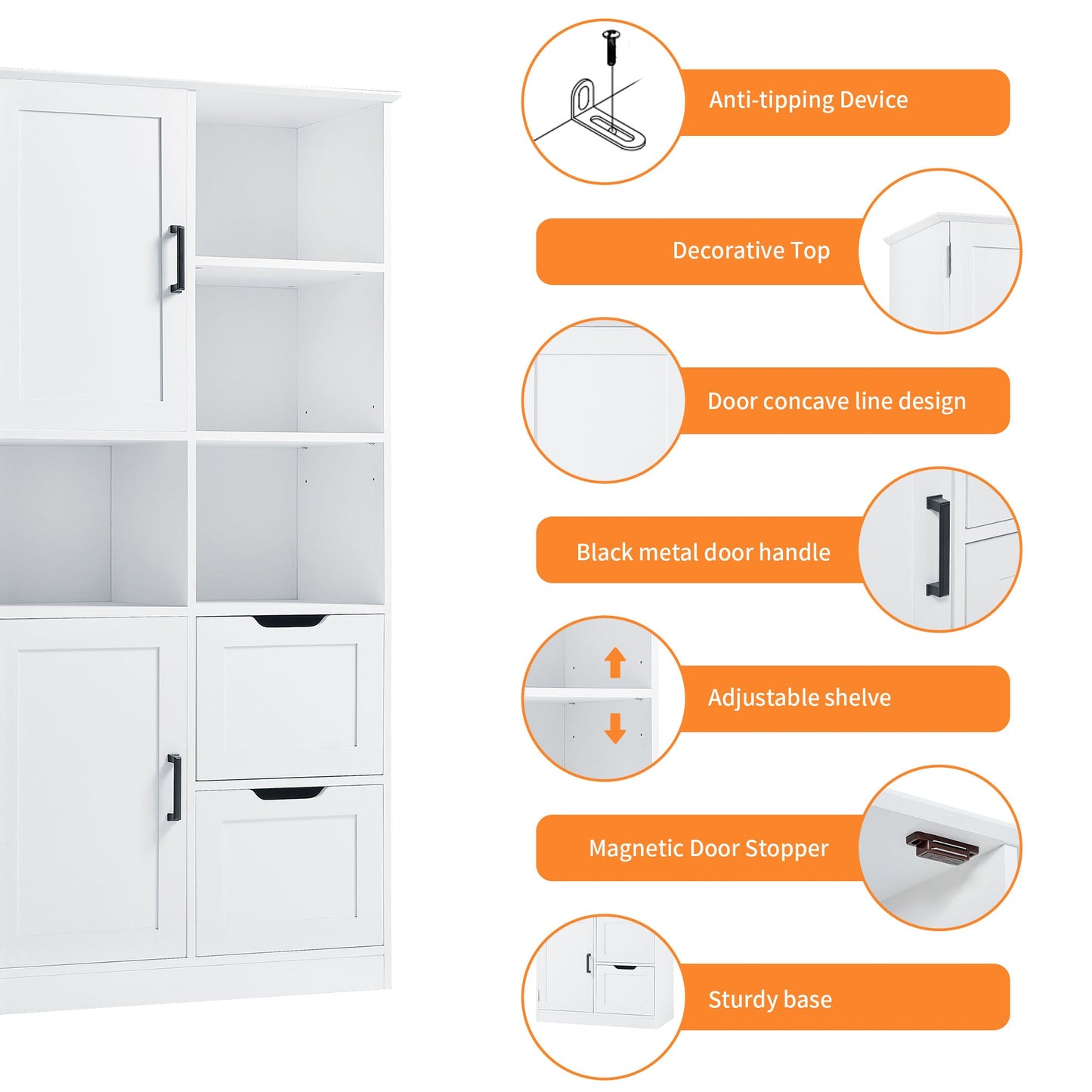 Bathroom storage cabinet with doors and drawers, multiple storage spaces, independent, open adjustable shelves, white