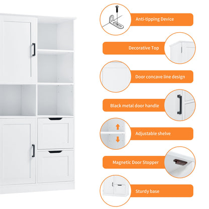 Bathroom storage cabinet with doors and drawers, multiple storage spaces, independent, open adjustable shelves, white
