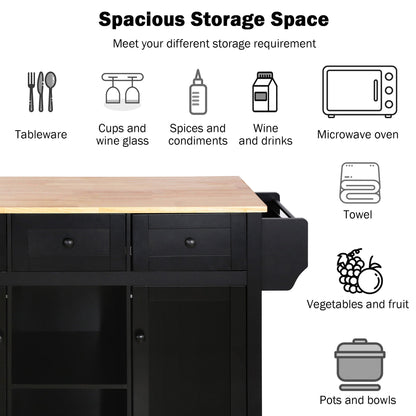Kitchen trolley with rubber wood leaf countertop, 5-wheel kitchen island, storage cabinet and 3 dining drawers, black