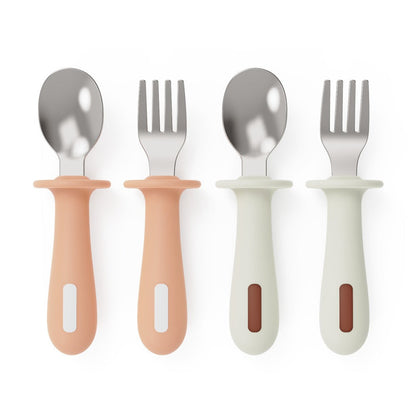 Adjustable color PPSU silicone fork and spoon set, children's stainless steel spoon and fork, baby training supplementary food tableware set of 2 pieces