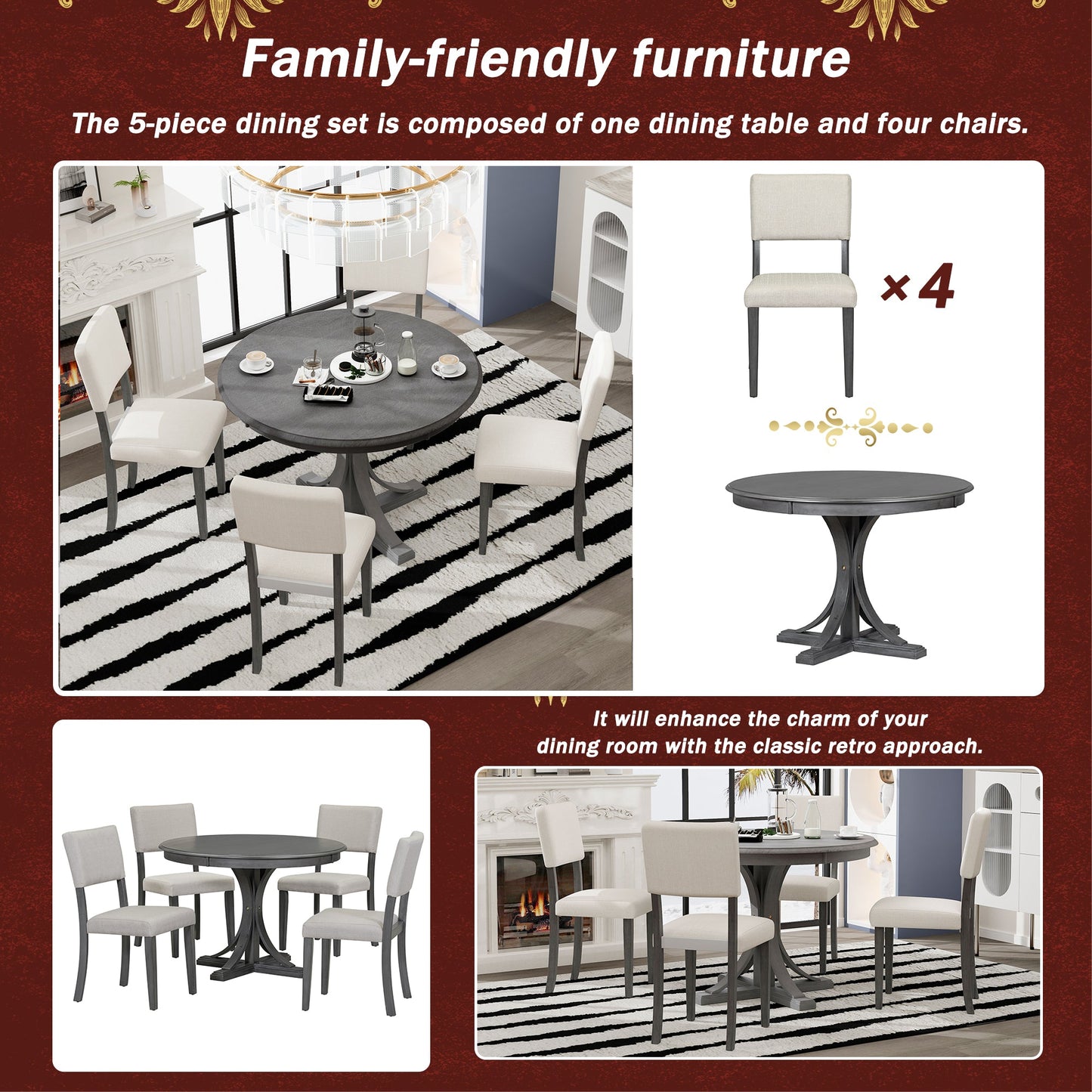 TREXM Five Piece Retro Round Dining Table Set with Curved Brackets and 4 Restaurant Cushioned Chairs (Dark Gray)