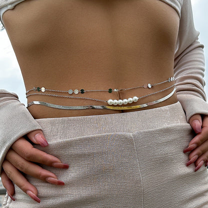 Three layer metal wind versatile waist chain WAIST CHAIN sexy imitation pearl body chain