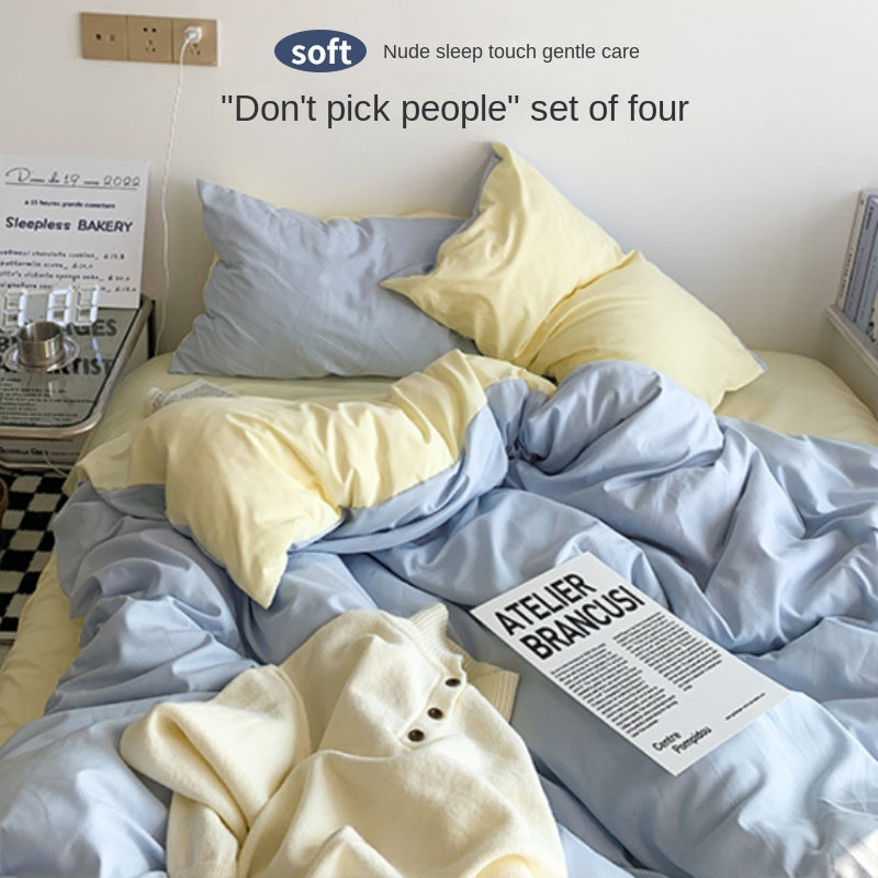 Solid Color Simple Four-Piece Set Flannel Quilt Cover INS Style Quilt Cover Dormitory Summer Washed Cotton Bedding Three-Piece Set