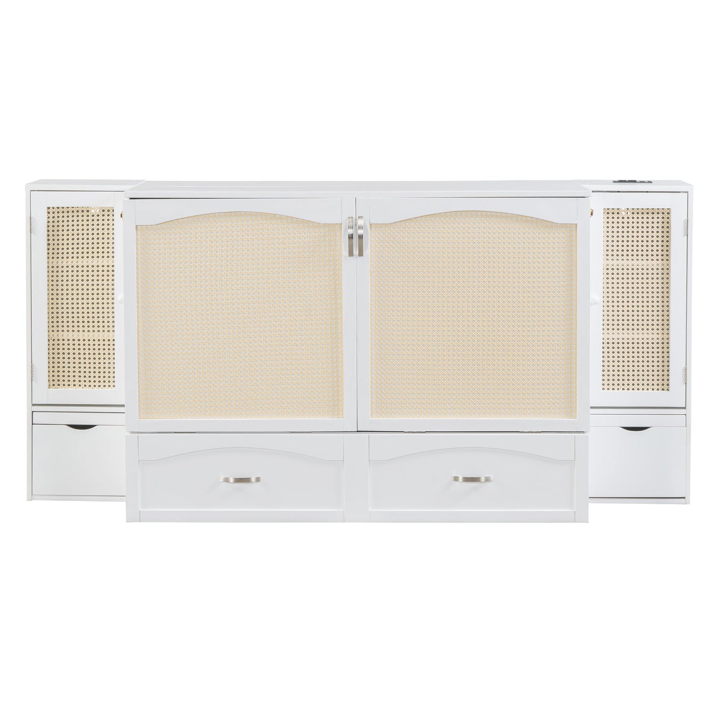 Large Murphy bed wall mounted bed with drawers, 2 storage cabinets, 1 set of sockets and USB ports, white