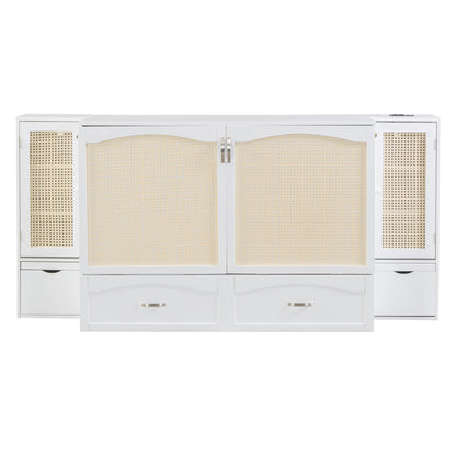 Large Murphy bed wall mounted bed with drawers, 2 storage cabinets, 1 set of sockets and USB ports, white