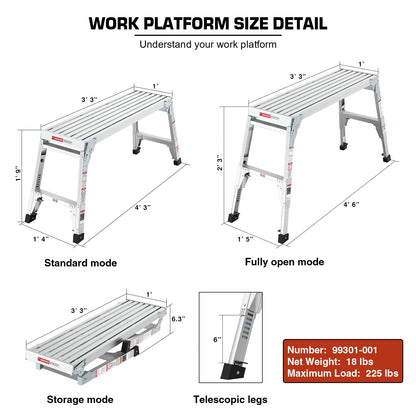 Aluminum Work Platform Large Size Step Stool Folding Portable Work Bench 40" Width Telescopic Feet 22" -27.5" Height Adjustable
