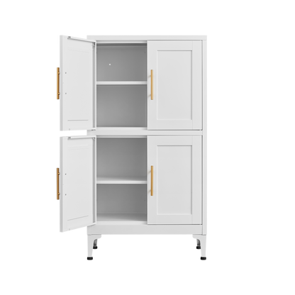 White metal kitchen storage cabinet, kitchen pantry storage cabinet with door and shelf, adjustable leveling feet