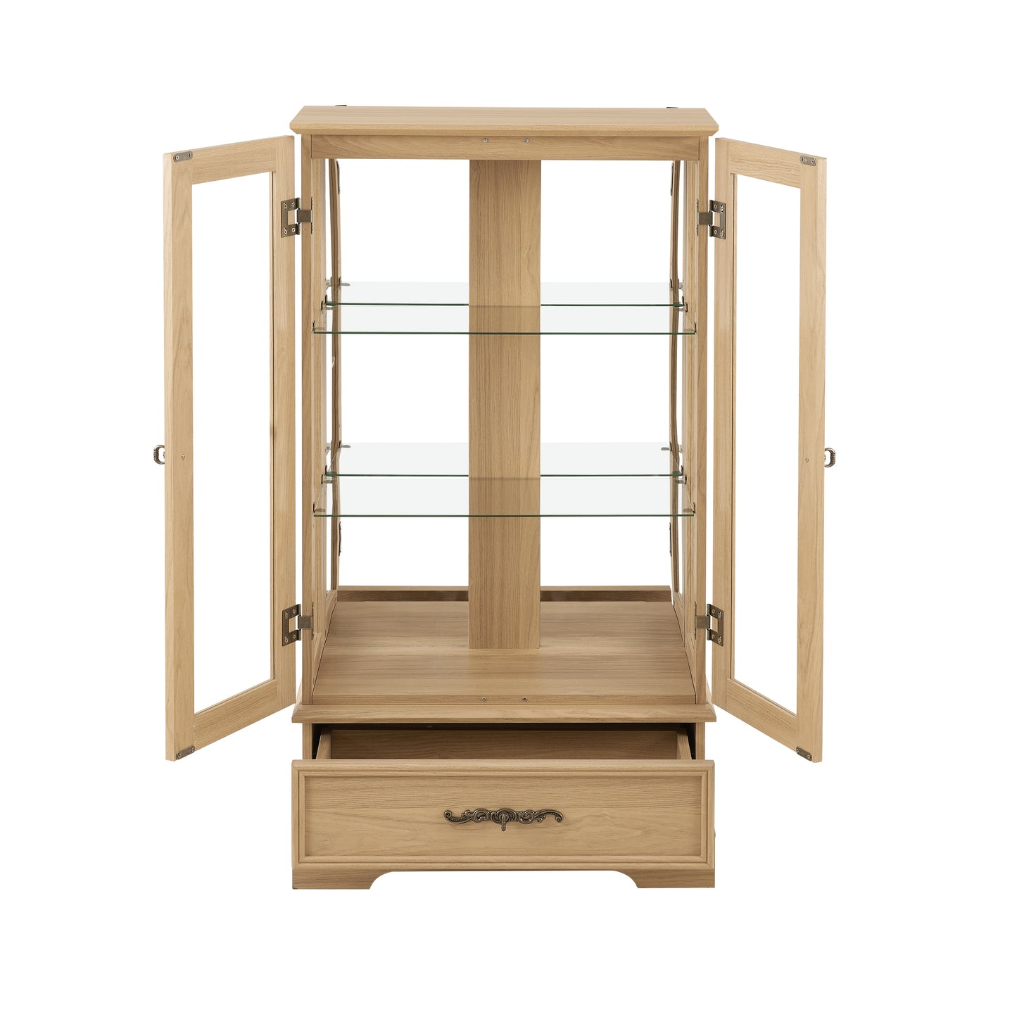 Light colored glass cabinet with adjustable glass frame, including cabinet light bulbs OAK with 2 doors and 1 drawer