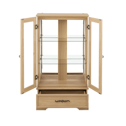 Light colored glass cabinet with adjustable glass frame, including cabinet light bulbs OAK with 2 doors and 1 drawer