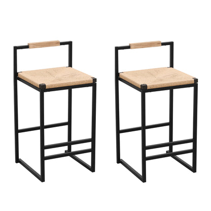 Set of 2 Bar Stools with Back Paper Rope Woven Counter Height Dining Chairs for Kitchen Home (Paper Rope with Back)