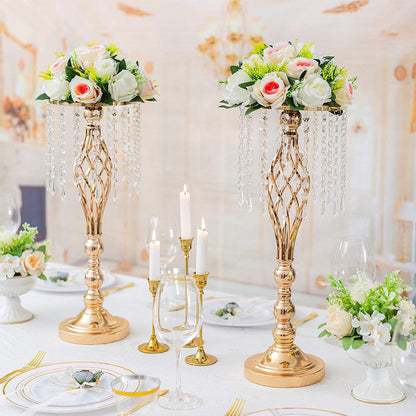 Wrought Iron Metal Flower Stand with Crystal Acrylic Beads Hanging Flower Arrangement, Gold-Plated Decoration for Wedding Tables