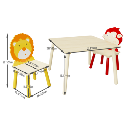 Kids Table and 2 Chairs Set 3 Pieces Toddler Table and Chair Set Wooden Activity Play Table Set (Lion&Monkey)