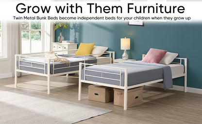 Twin metal bunk beds, metal structure bed frame with safety guardrails and 2 ladders, convertible bunk beds, white