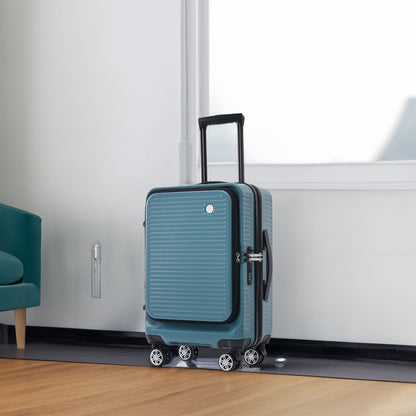 Carry-on Luggage 20 Inch Front Open Luggage Lightweight Suitcase with Front Pocket and USB Port, 1 Portable Carrying Case  Blue