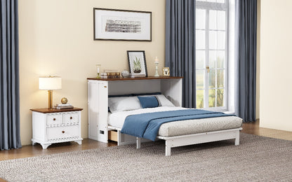 Solid Pine Murphy Bed Chest with Charging Station and Large Storage Drawer for Home Office or Small Room , Queen, White+Walnut