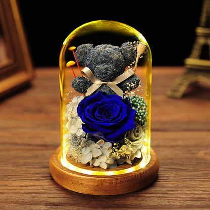 Valentine's Day Gift Everlasting Flower Bear Moss Glass Cover Finished Gift Box for Girlfriend Birthday Ornament Dried Flowers Roses