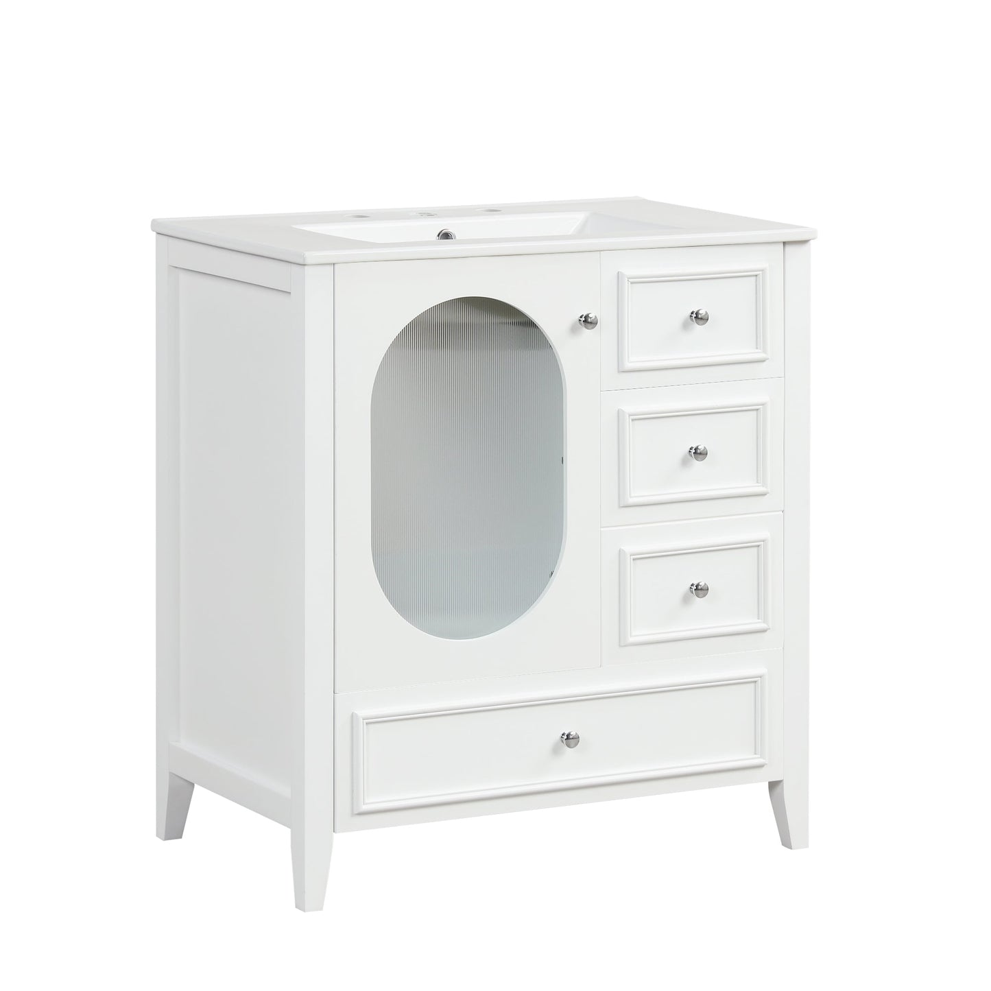 30" Bathroom Vanity with Sink, Bathroom Vanity Cabinet with Three Drawers and Door, Solid Wood and MDF, White